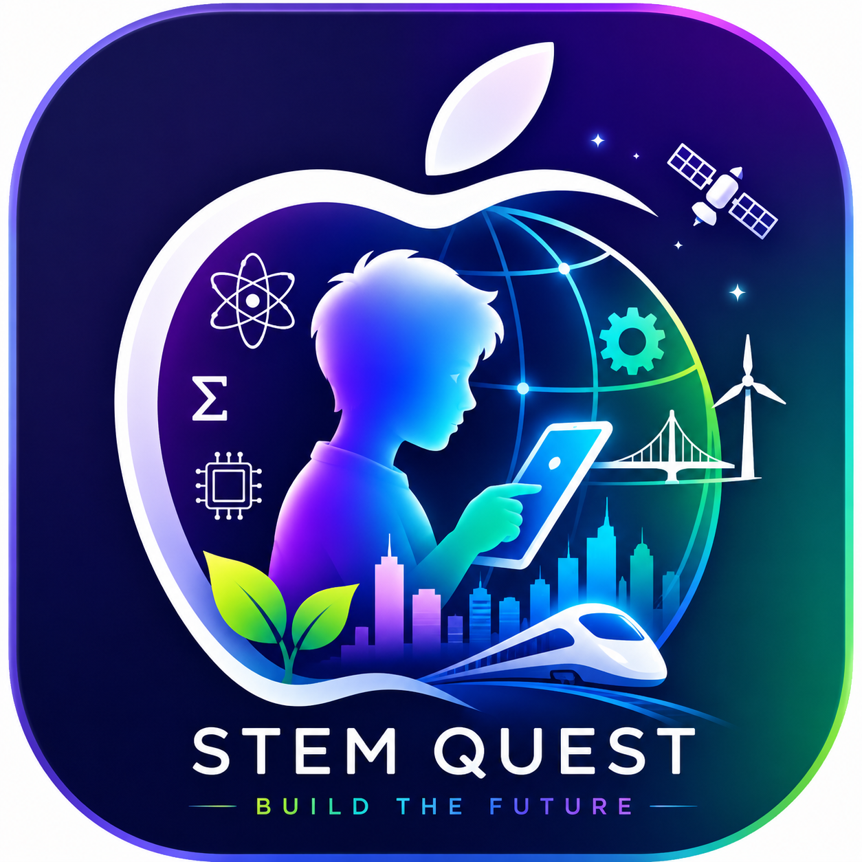 STEM Quest artwork showing a learner exploring science, engineering, sustainability, and future cities.