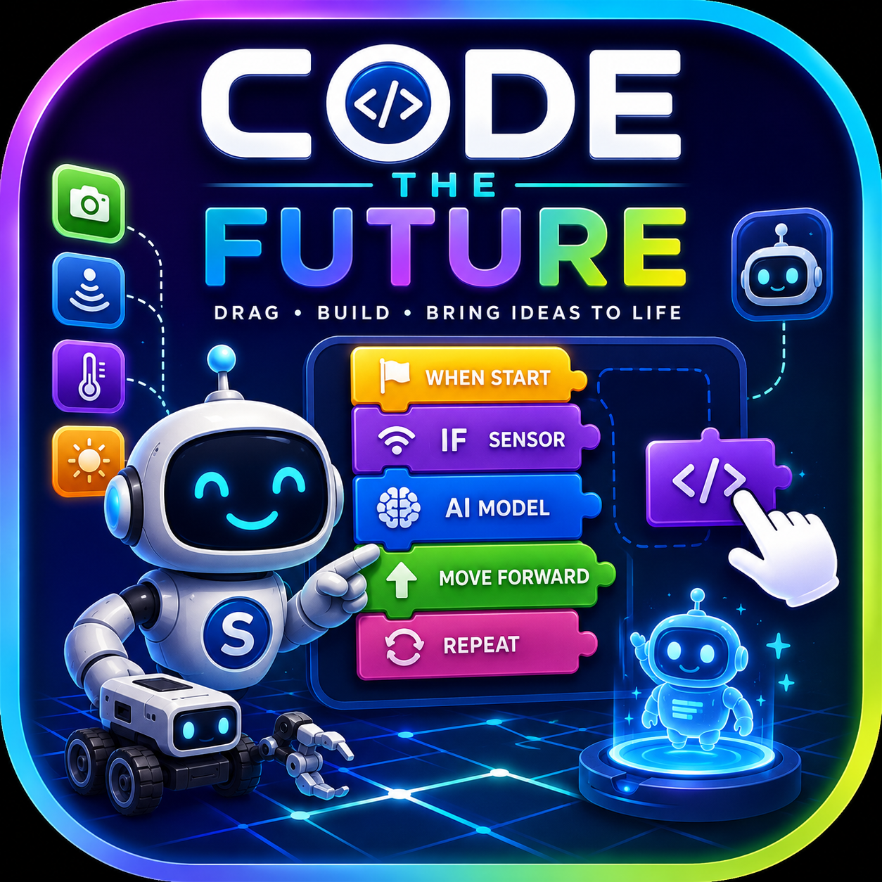 Code the Future artwork showing a robot mentor and colorful visual programming blocks.