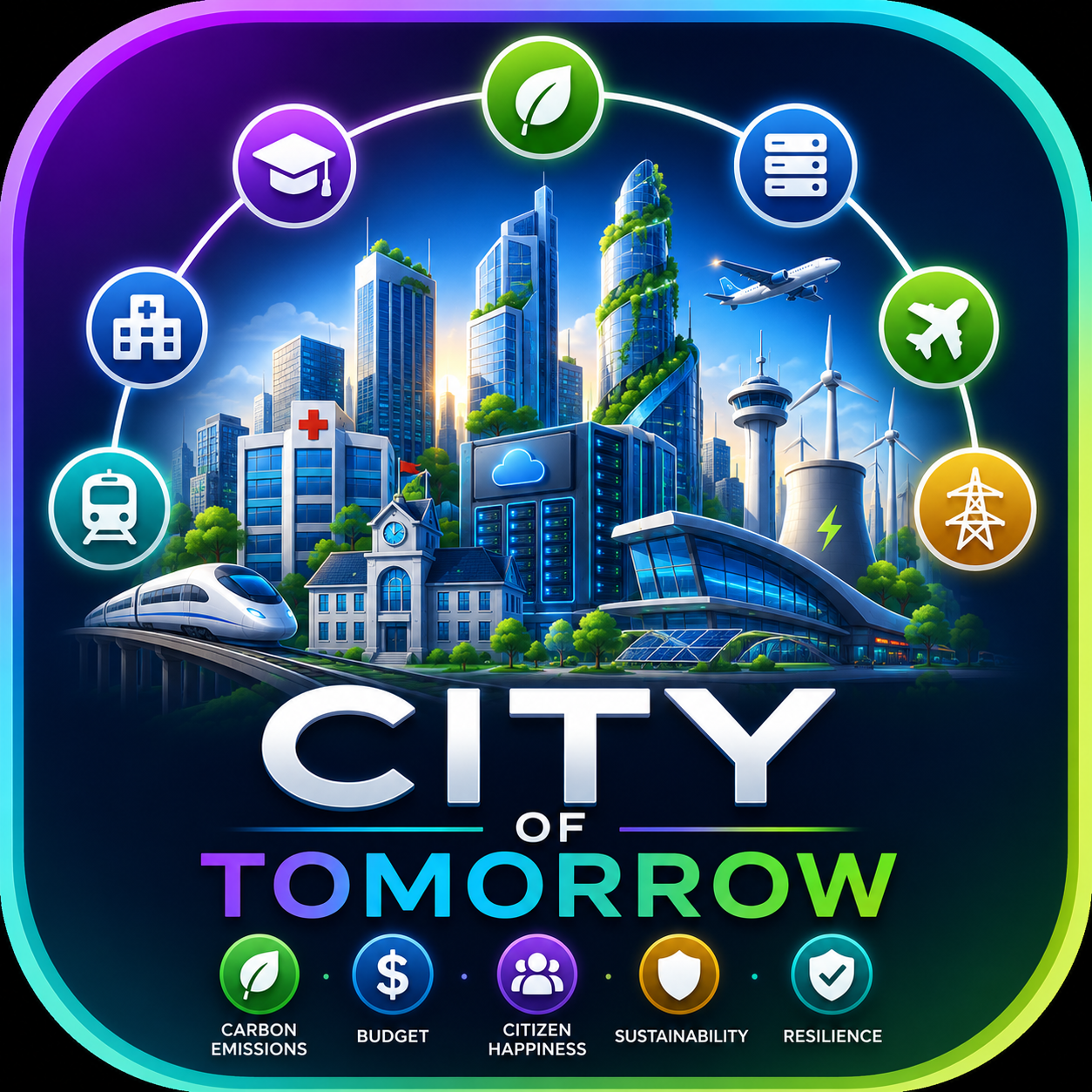 City of Tomorrow artwork showing a sustainable futuristic city with transport, health, and energy systems.