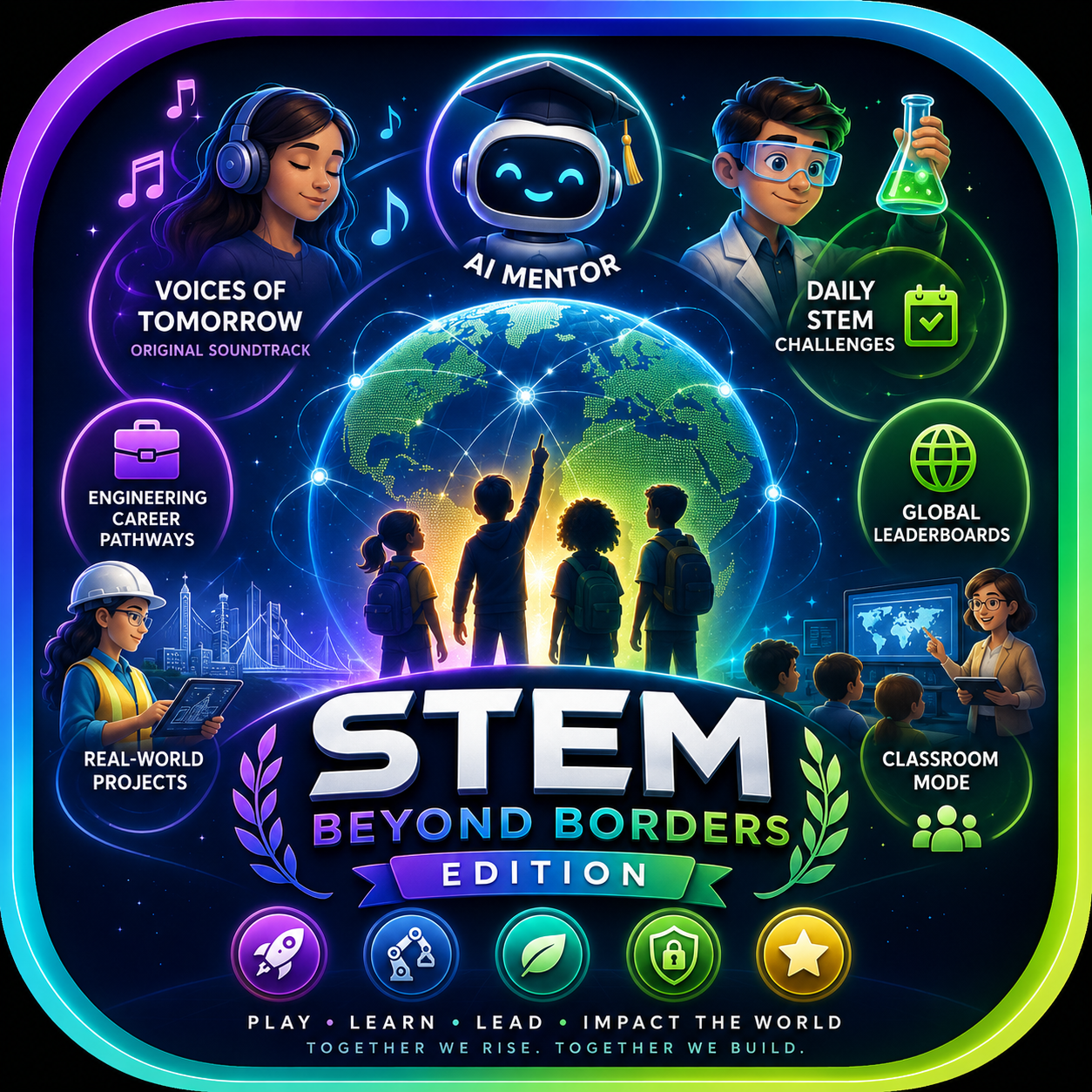 STEM Beyond Borders artwork showing the Academy's global mission, AI mentor, classroom mode, and worldwide community.